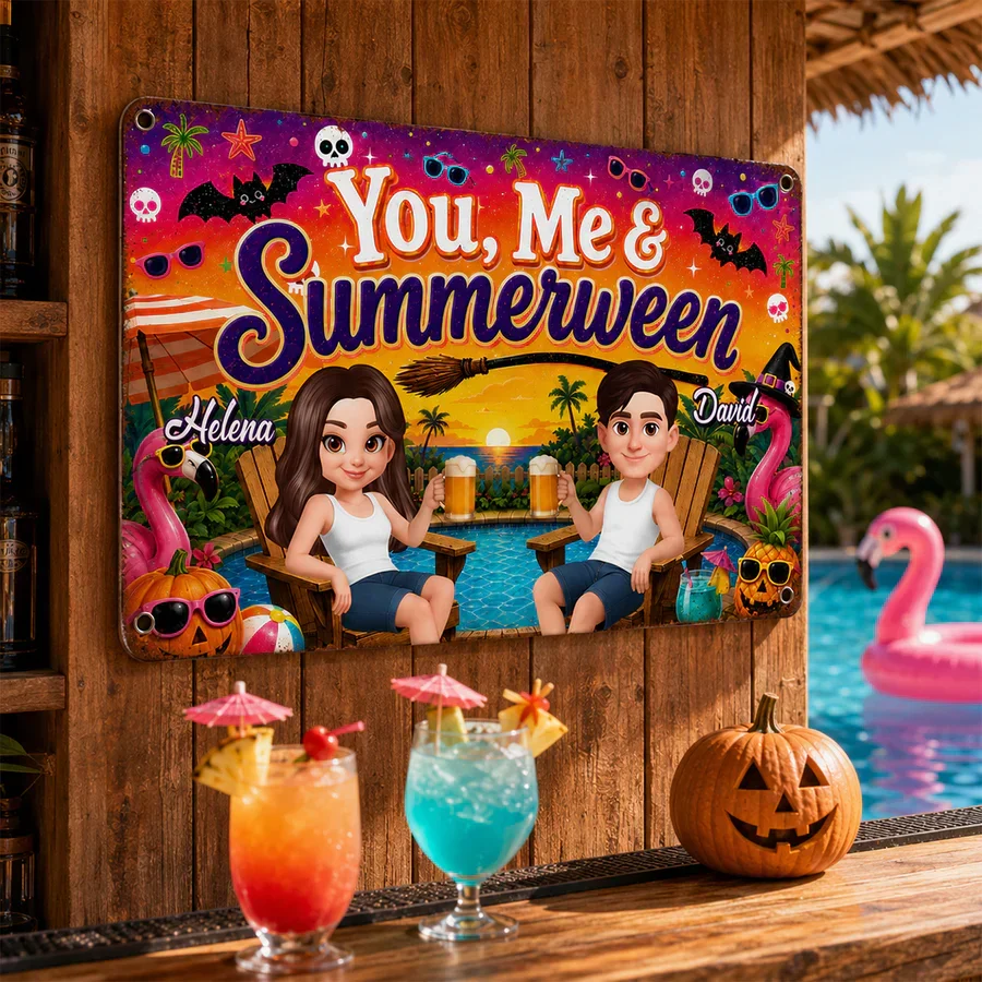 Personalized Rectangular Iron Sign, You, Me & Summerween Poolside Couple, Unique Gift for Couples - Image 7