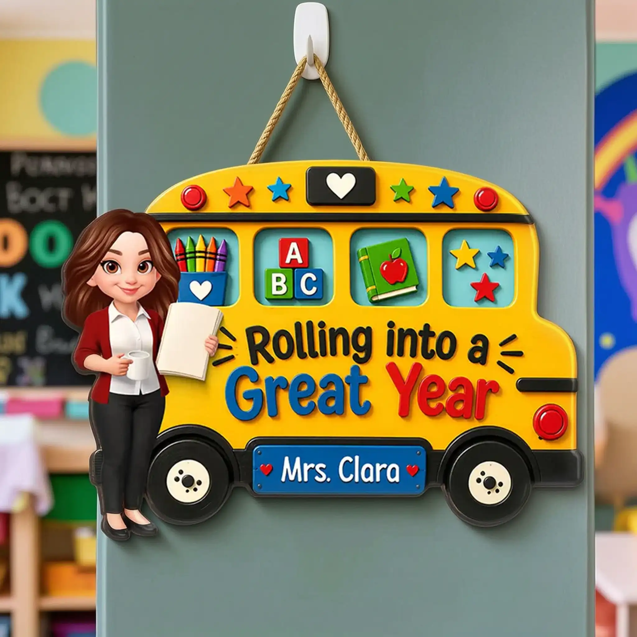 Personalized Teacher Wooden Sign With Yellow School Bus, Unique Back To School Gift For Classroom