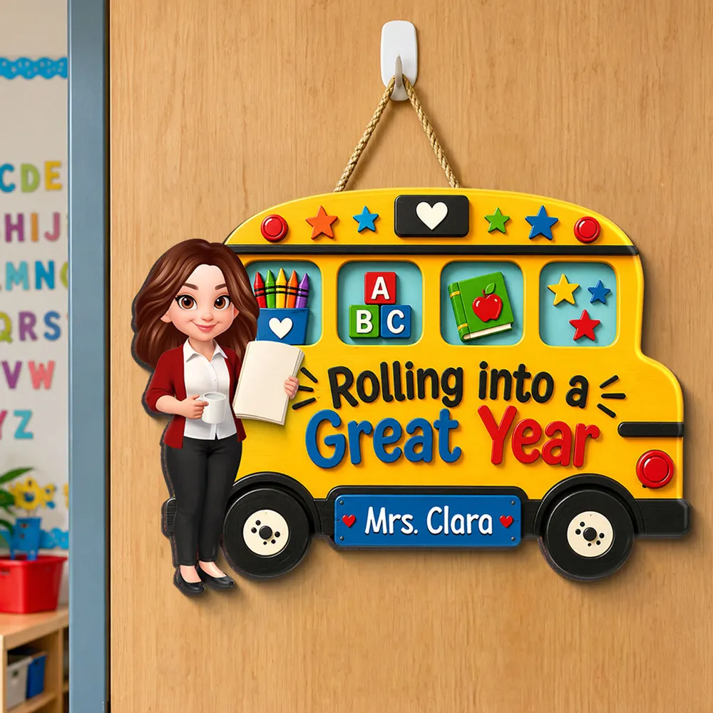 Personalized Teacher Wooden Sign With Yellow School Bus, Unique Back To School Gift For Classroom - Image 2