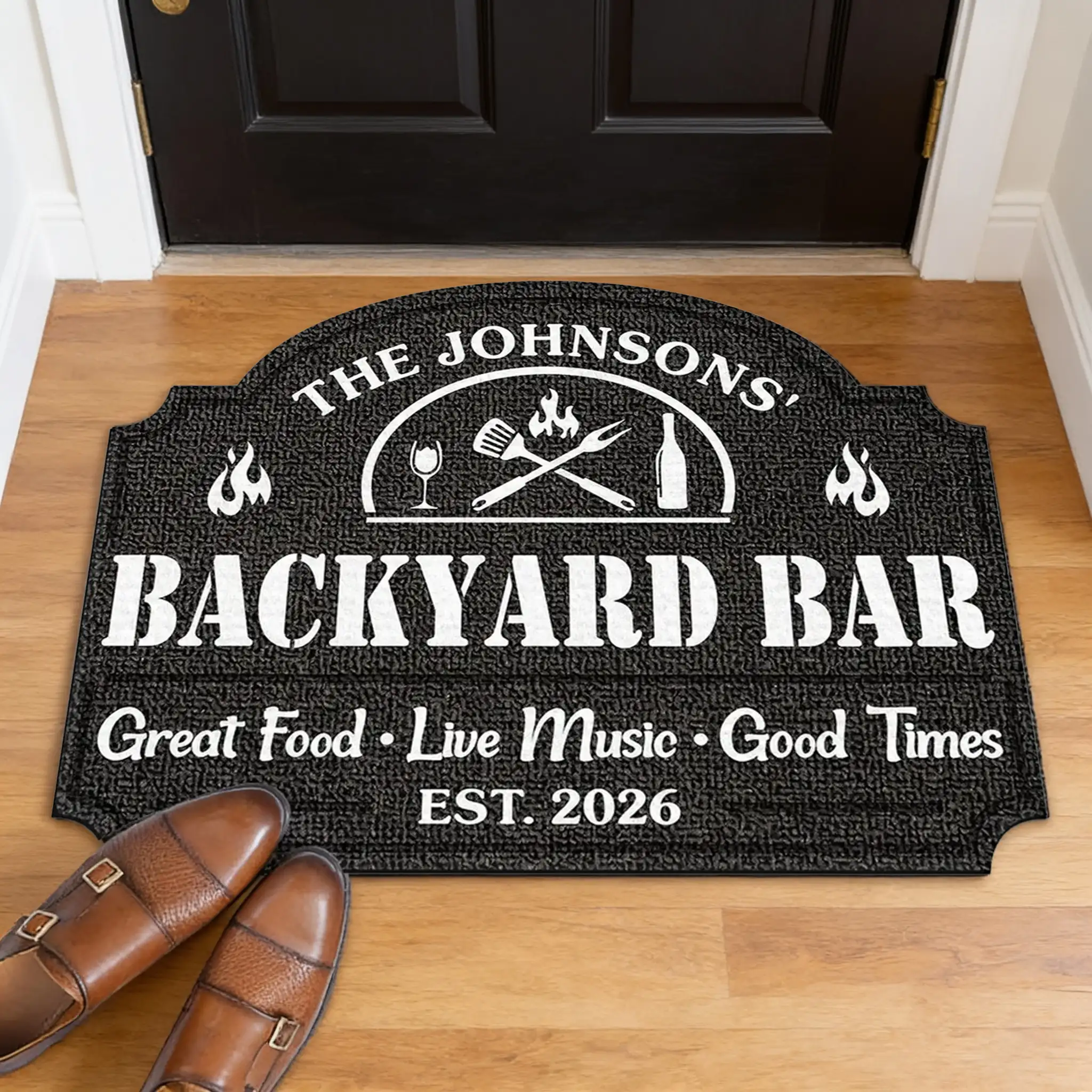 Personalized Backyard Bar Shaped Doormat, Custom Grill & Music Design, Unique Gift for Hosts