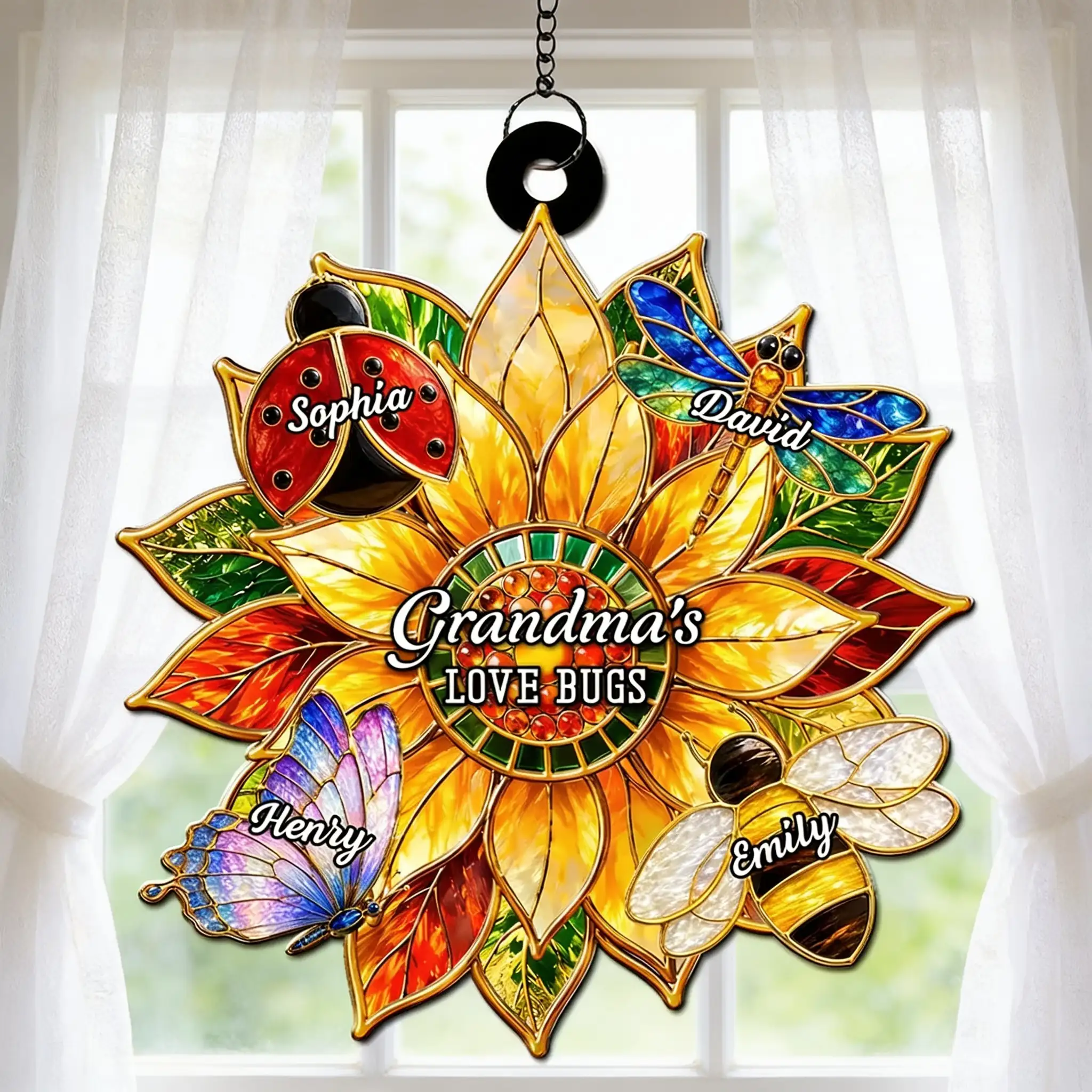 Personalized Wood & Acrylic Layered Ornament, Sunflower Love Bugs Window Decor, Unique Gift for Grandma
