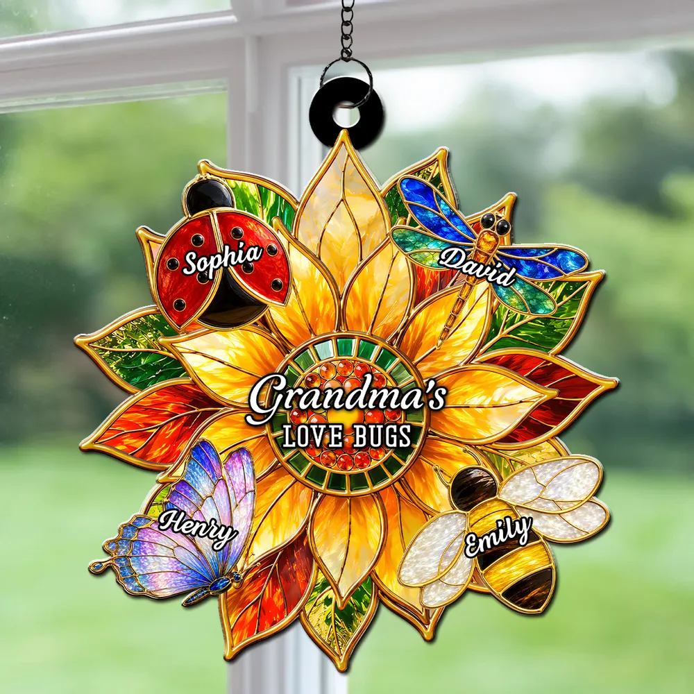Personalized Wood & Acrylic Layered Ornament, Sunflower Love Bugs Window Decor, Unique Gift for Grandma - Image 2