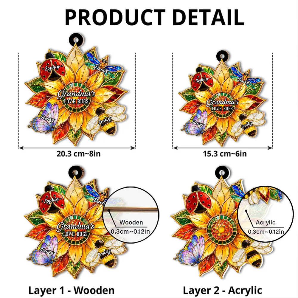 Personalized Wood & Acrylic Layered Ornament, Sunflower Love Bugs Window Decor, Unique Gift for Grandma - Image 4