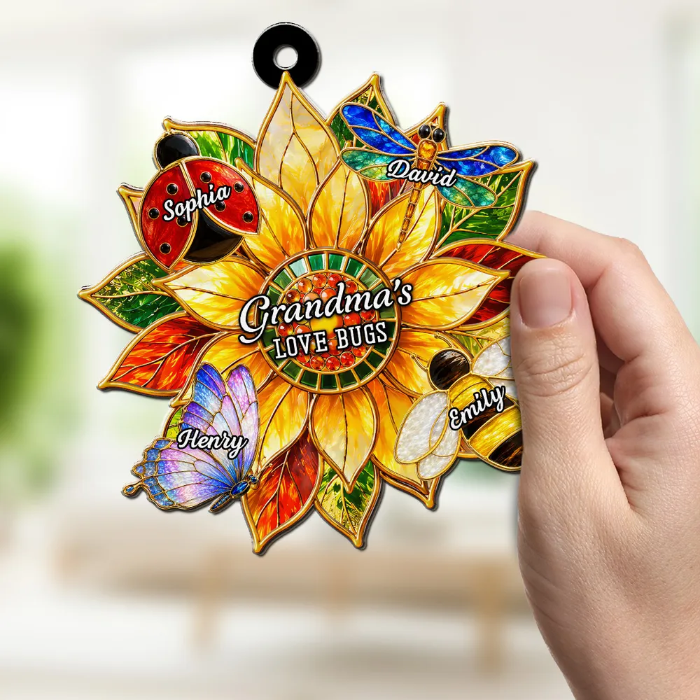 Personalized Wood & Acrylic Layered Ornament, Sunflower Love Bugs Window Decor, Unique Gift for Grandma - Image 5