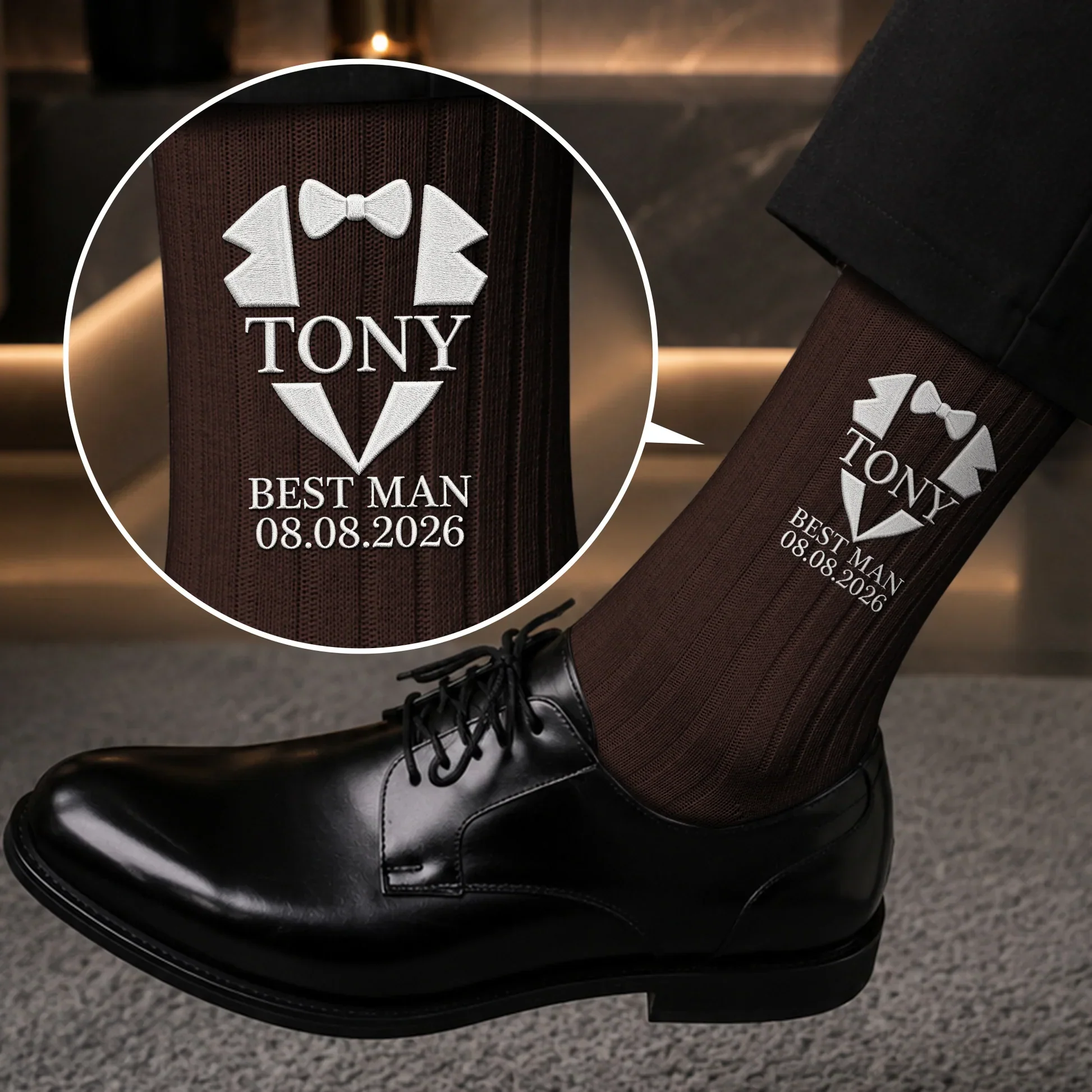 Embroidered Combed Cotton Socks, Tuxedo Motif, Formal Wedding Wear, Unique Creative Gift - Image 3