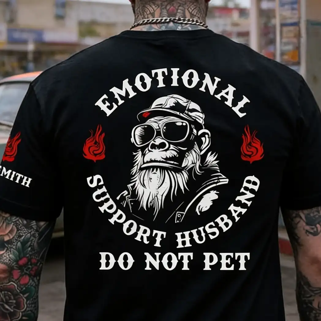 Personalized Dual Print Classic Tee, Funny Emotional Support Husband Monkey Graphic, Unique Gift for Him