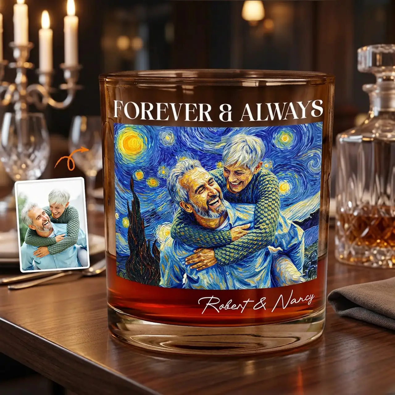 Personalized Whiskey Glass With Forever & Always Art, Unique Gift For Couple, Starry Blue Keepsake