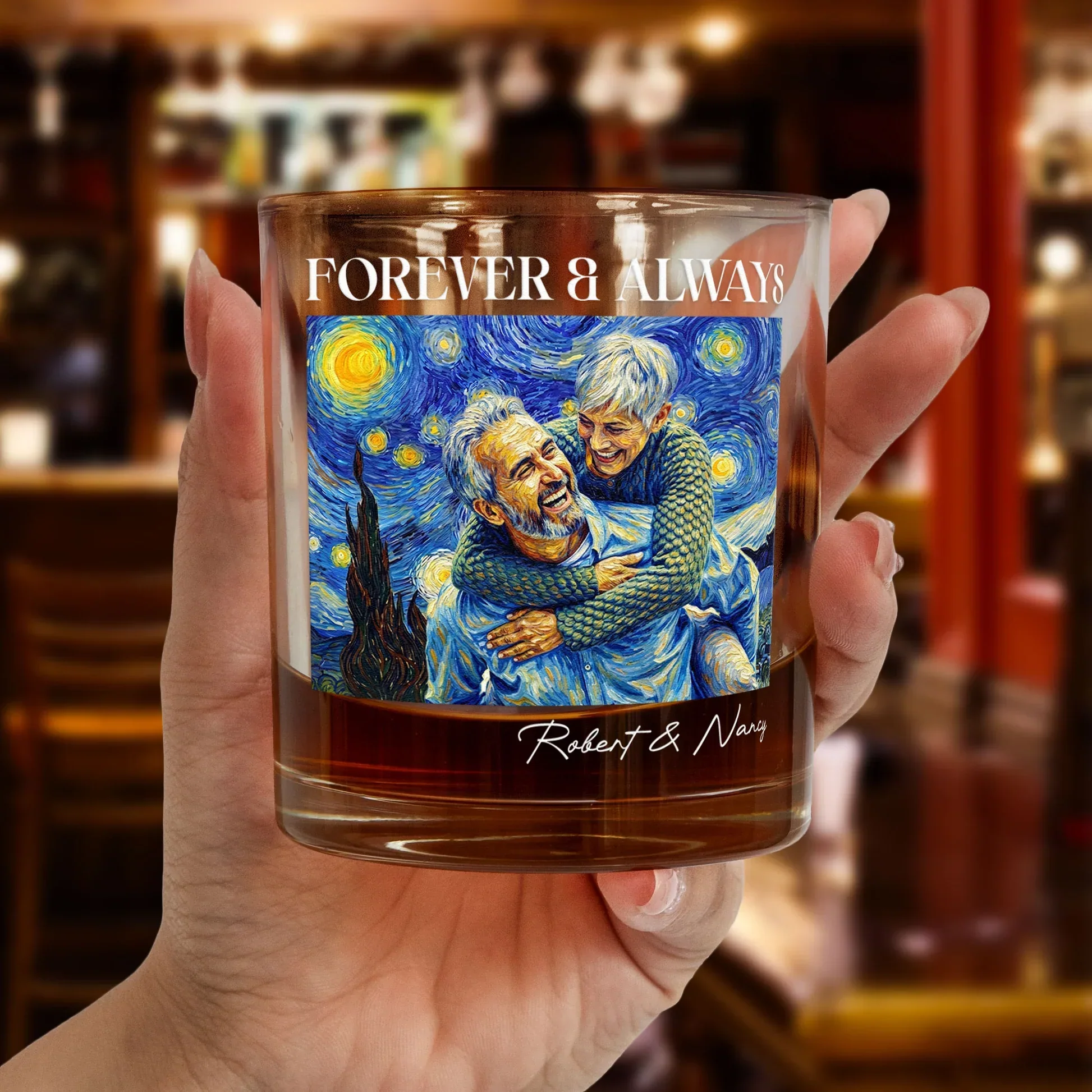 Personalized Whiskey Glass With Forever & Always Art, Unique Gift For Couple, Starry Blue Keepsake - Image 2