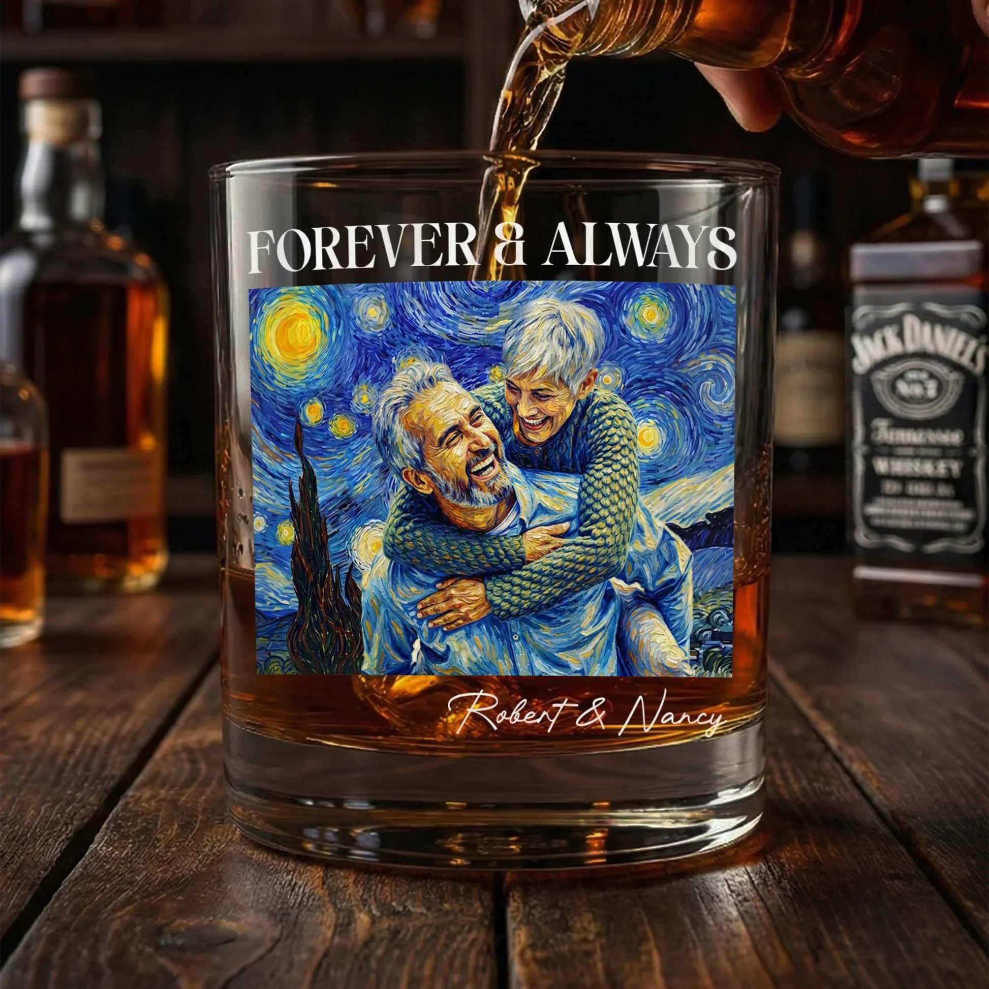 Personalized Whiskey Glass With Forever & Always Art, Unique Gift For Couple, Starry Blue Keepsake - Image 3