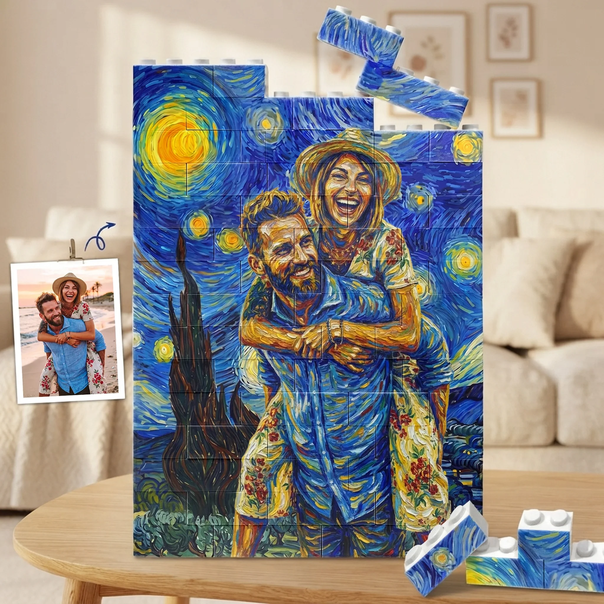 Van Gogh Inspired Personalized Building Brick Puzzle, Custom Couple Photo Creative Gift