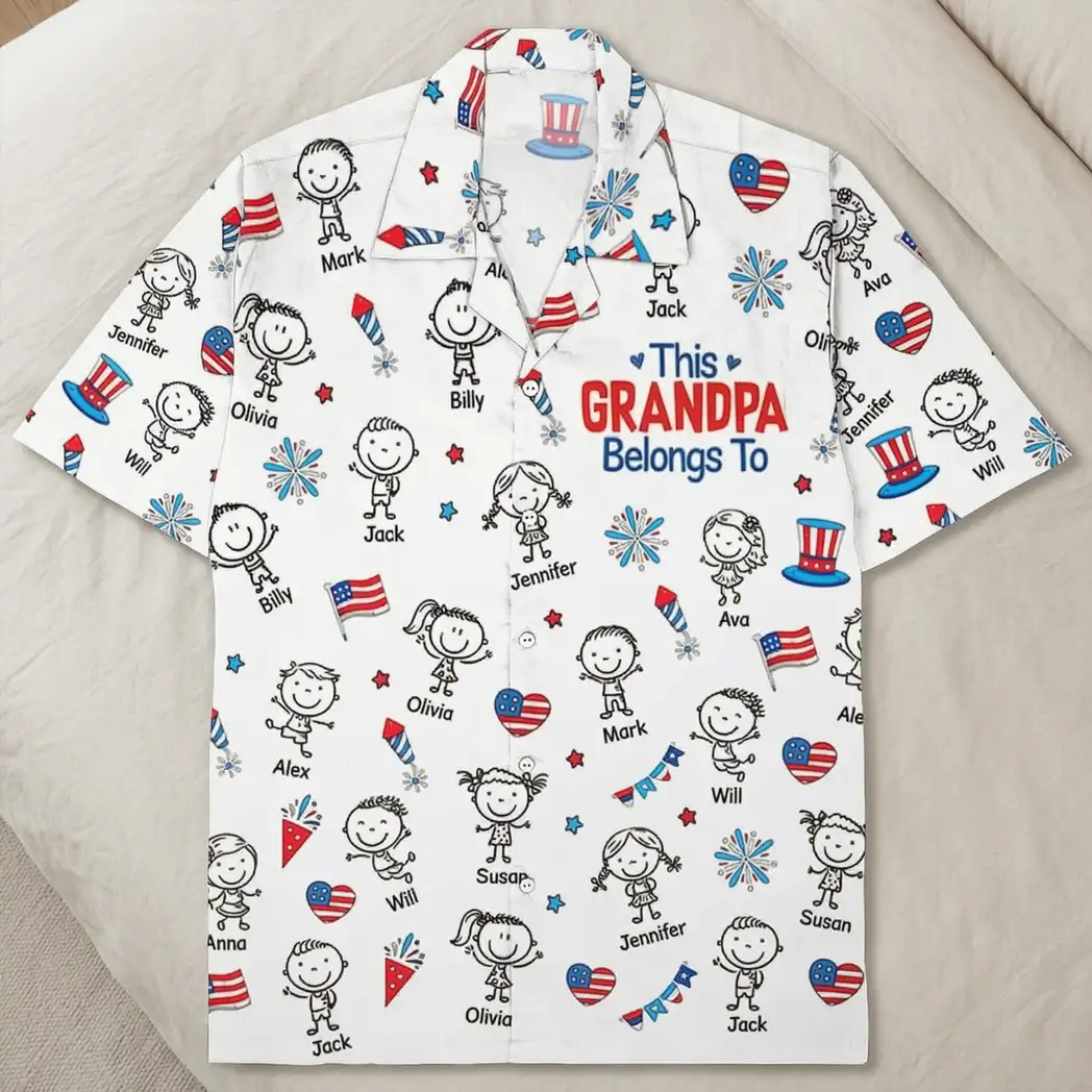 Personalized Hawaiian Shirt for Grandpa, Patriotic Kid Doodle Custom Print, Unique Summer Gift