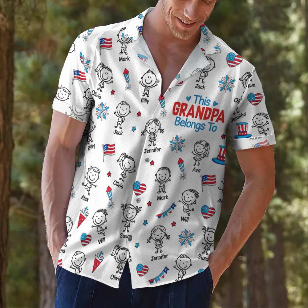 Personalized Hawaiian Shirt for Grandpa, Patriotic Kid Doodle Custom Print, Unique Summer Gift - Image 2