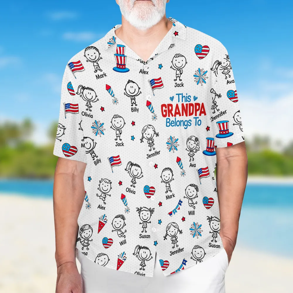 Personalized Hawaiian Shirt for Grandpa, Patriotic Kid Doodle Custom Print, Unique Summer Gift - Image 3