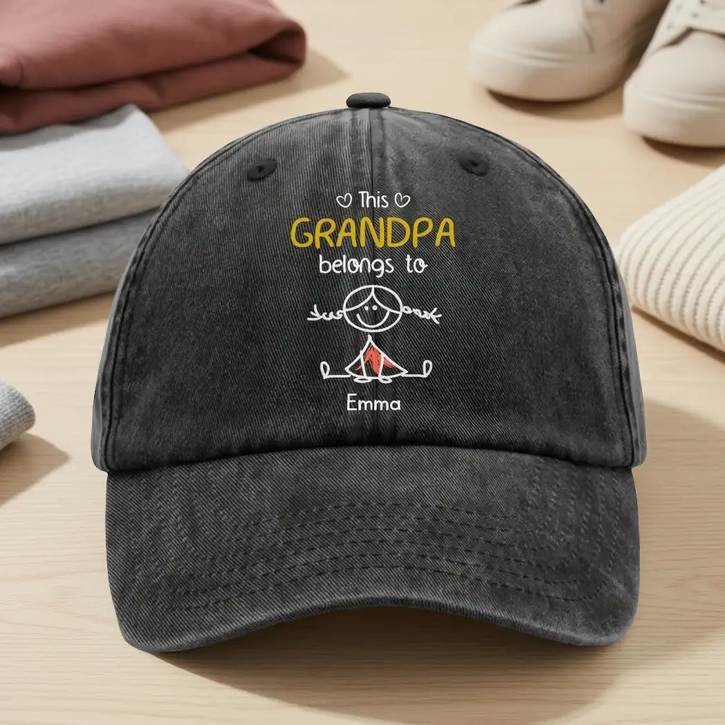Personalized Washed Denim Baseball Cap for Grandpa, This Grandpa Belongs To Us, Unique Gift