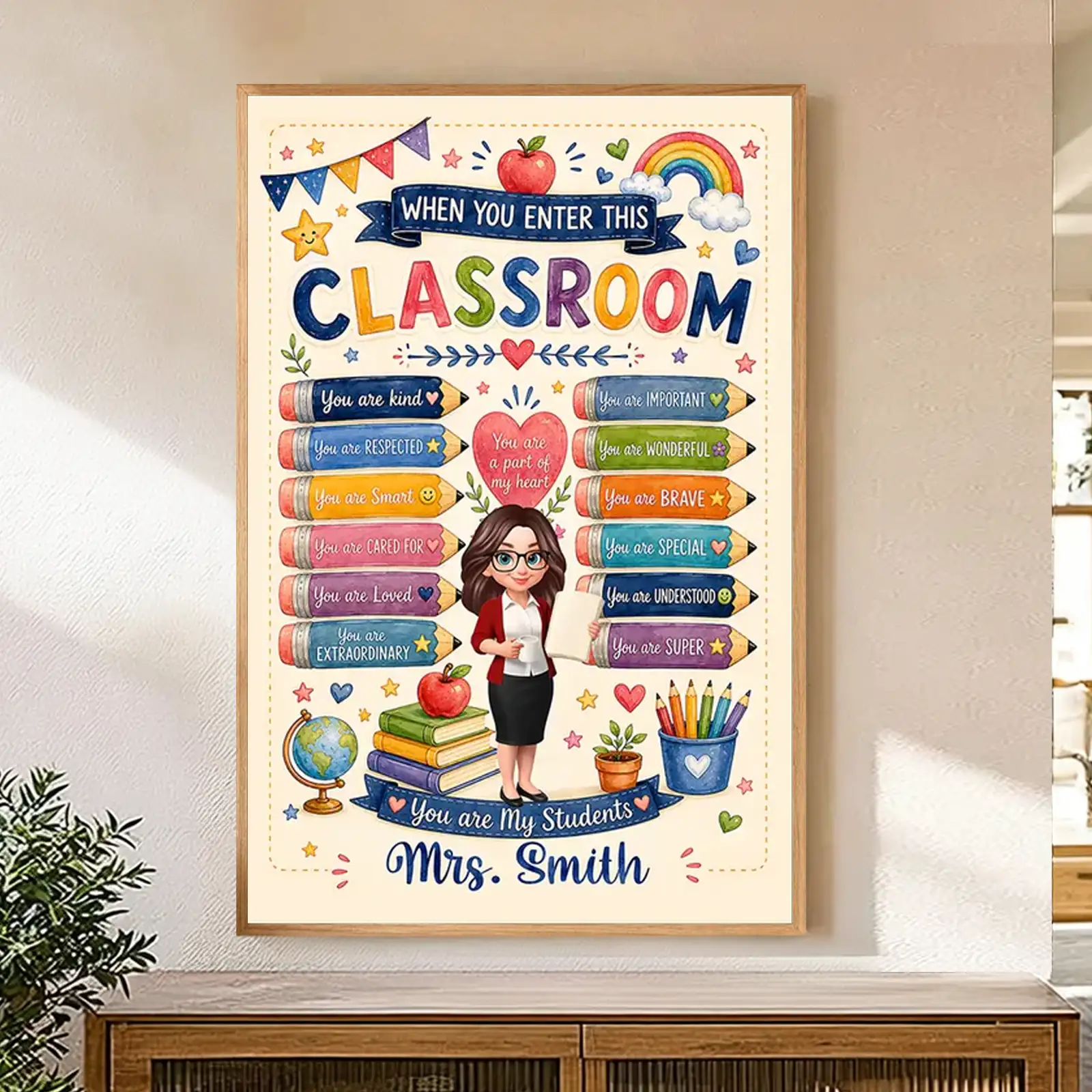Personalized Teacher Poster, Watercolor Classroom Wall Art With Encouraging Quotes, Unique Creative Gift for Teacher