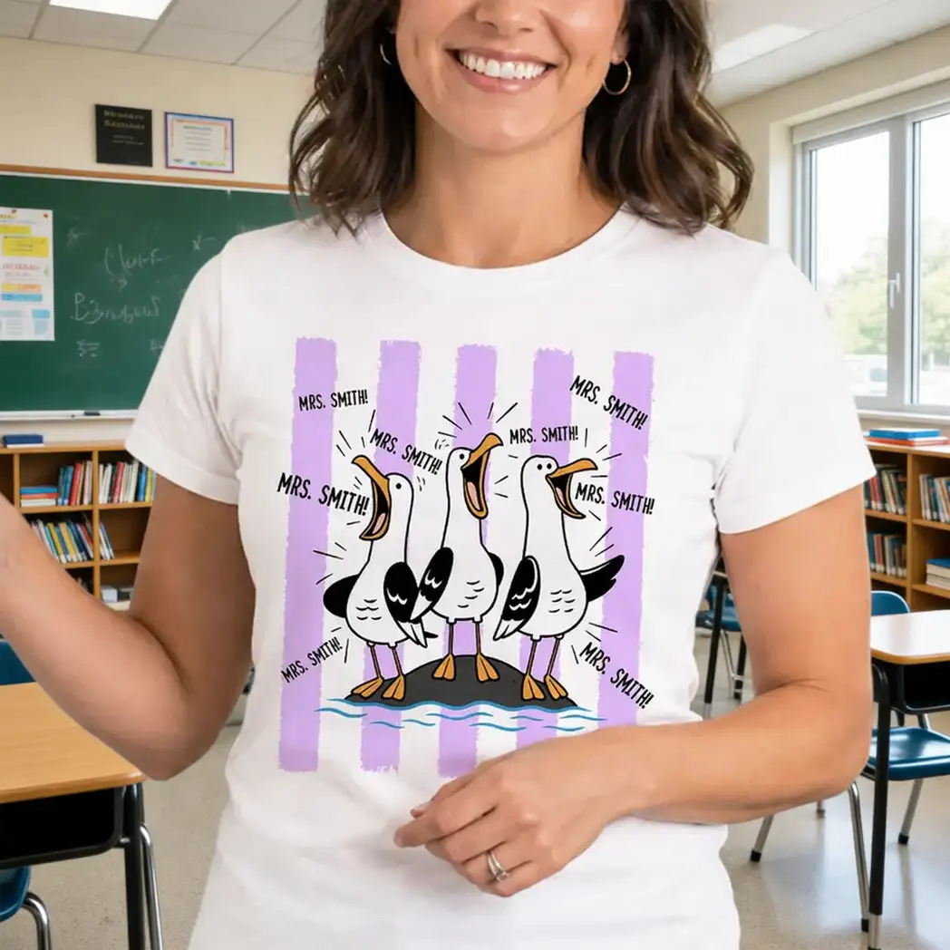 Personalized Classic Tee With Cartoon Seagulls Yelling, Unique Back To School Teacher Gift