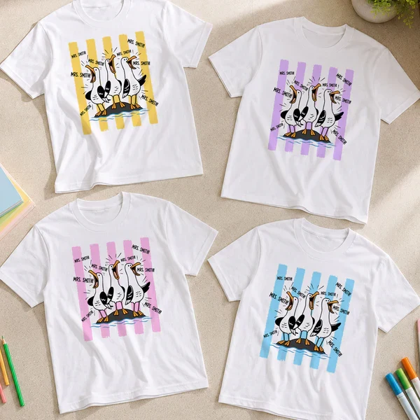 Personalized Classic Tee With Cartoon Seagulls Yelling, Unique Back To School Teacher Gift - Image 4