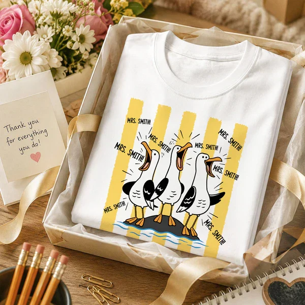 Personalized Classic Tee With Cartoon Seagulls Yelling, Unique Back To School Teacher Gift - Image 5