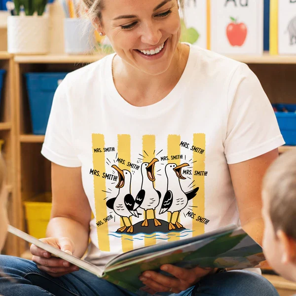 Personalized Classic Tee With Cartoon Seagulls Yelling, Unique Back To School Teacher Gift - Image 7