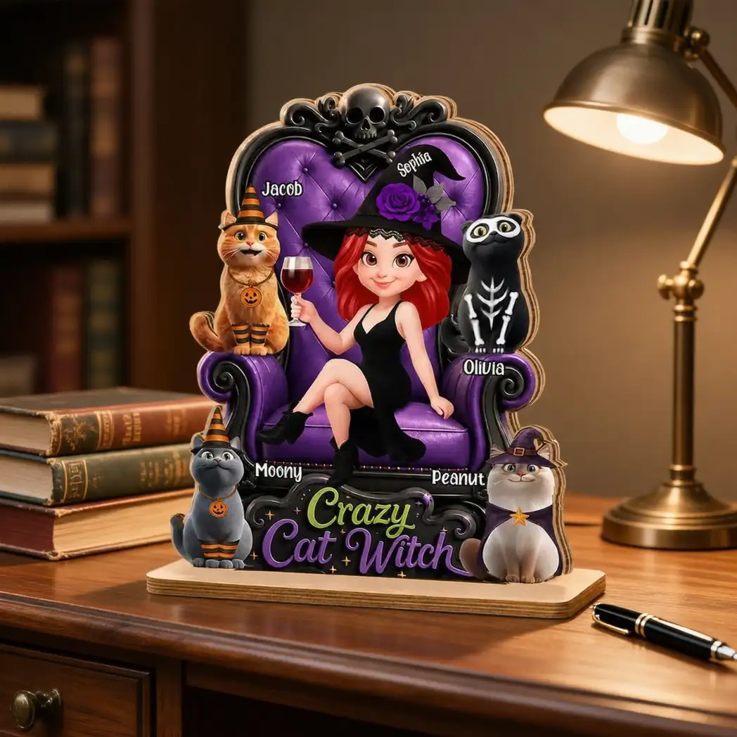 Personalized Wooden Plaque, Sitting Witch with Cats, Unique Halloween Gift for Cat Lovers