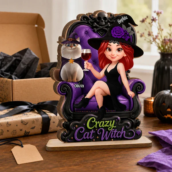 Personalized Wooden Plaque, Sitting Witch with Cats, Unique Halloween Gift for Cat Lovers - Image 2