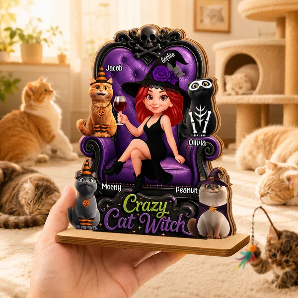 Personalized Wooden Plaque, Sitting Witch with Cats, Unique Halloween Gift for Cat Lovers - Image 3
