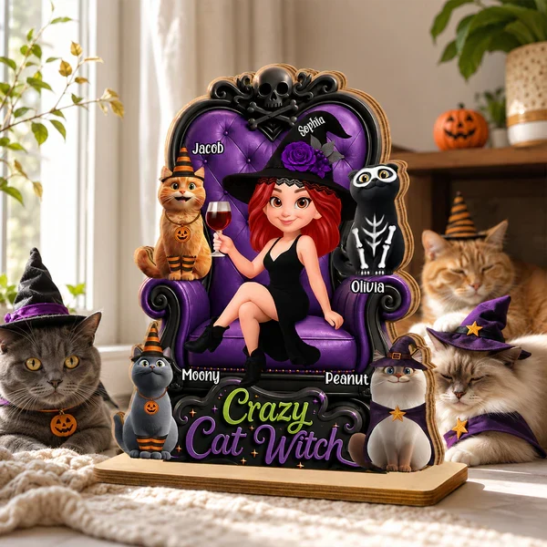 Personalized Wooden Plaque, Sitting Witch with Cats, Unique Halloween Gift for Cat Lovers - Image 6