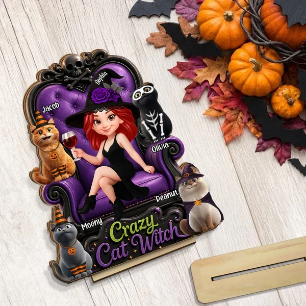 Personalized Wooden Plaque, Sitting Witch with Cats, Unique Halloween Gift for Cat Lovers - Image 7