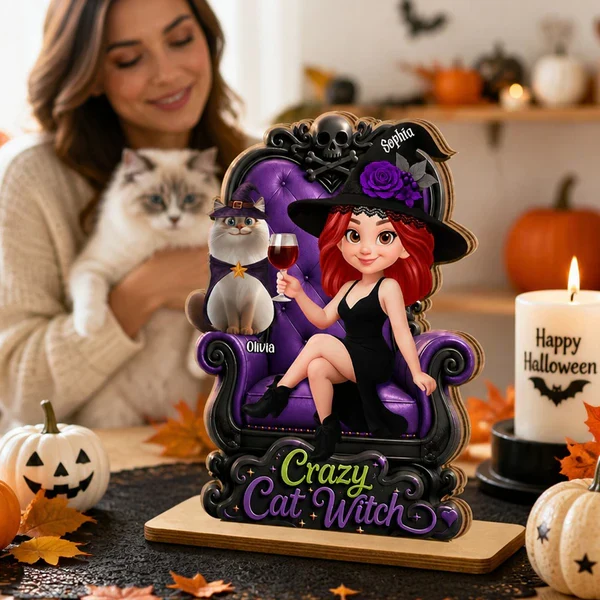 Personalized Wooden Plaque, Sitting Witch with Cats, Unique Halloween Gift for Cat Lovers - Image 8