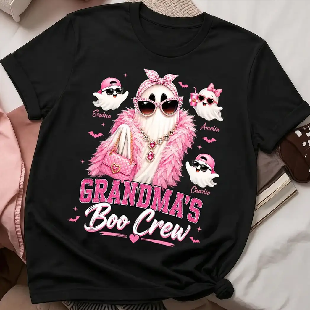 Personalized Classic Tee With Glam Ghost Grandma's Boo Crew, Unique Halloween Gift for Grandma