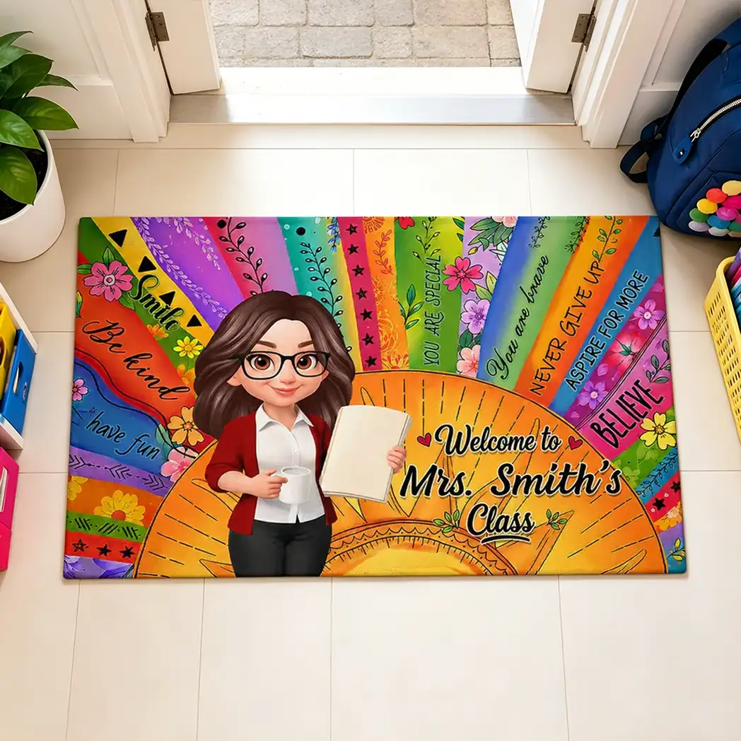 Personalized Teacher Classroom Doormat, Boho Sun Cartoon Teacher Holding Notebook, Unique Gift for Entryway