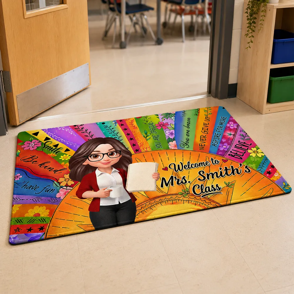 Personalized Teacher Classroom Doormat, Boho Sun Cartoon Teacher Holding Notebook, Unique Gift for Entryway - Image 2