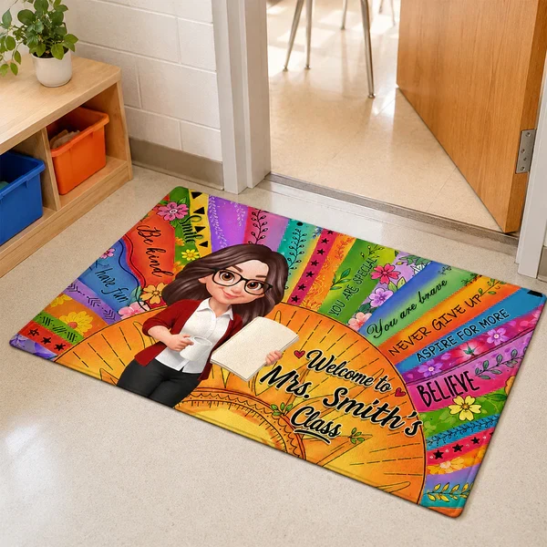 Personalized Teacher Classroom Doormat, Boho Sun Cartoon Teacher Holding Notebook, Unique Gift for Entryway - Image 3