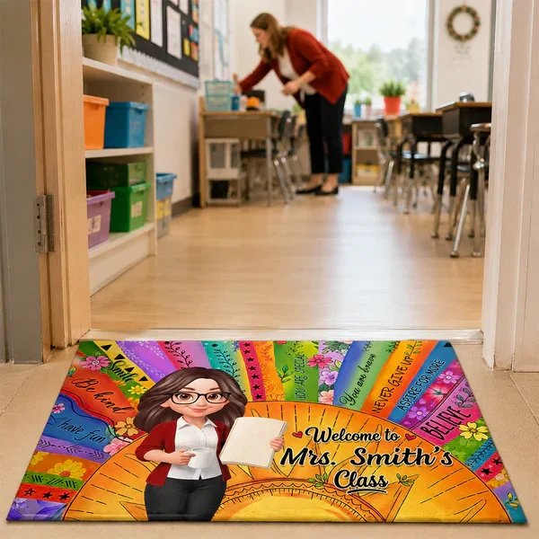 Personalized Teacher Classroom Doormat, Boho Sun Cartoon Teacher Holding Notebook, Unique Gift for Entryway - Image 4
