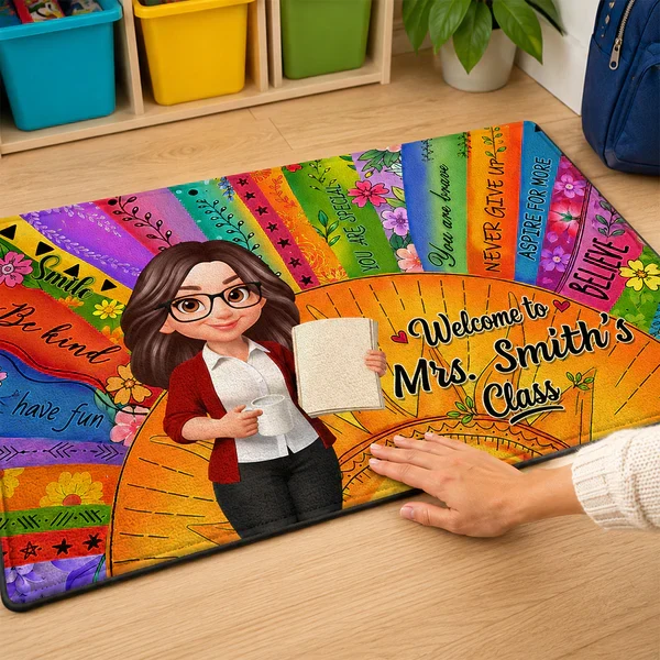 Personalized Teacher Classroom Doormat, Boho Sun Cartoon Teacher Holding Notebook, Unique Gift for Entryway - Image 5