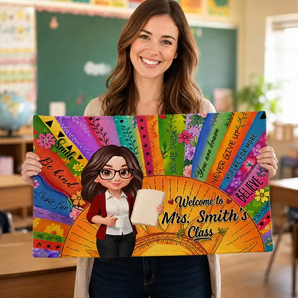 Personalized Teacher Classroom Doormat, Boho Sun Cartoon Teacher Holding Notebook, Unique Gift for Entryway - Image 6