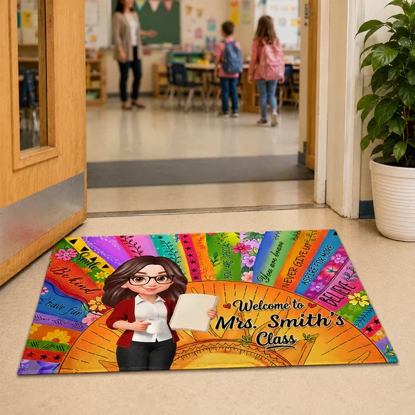 Personalized Teacher Classroom Doormat, Boho Sun Cartoon Teacher Holding Notebook, Unique Gift for Entryway - Image 7