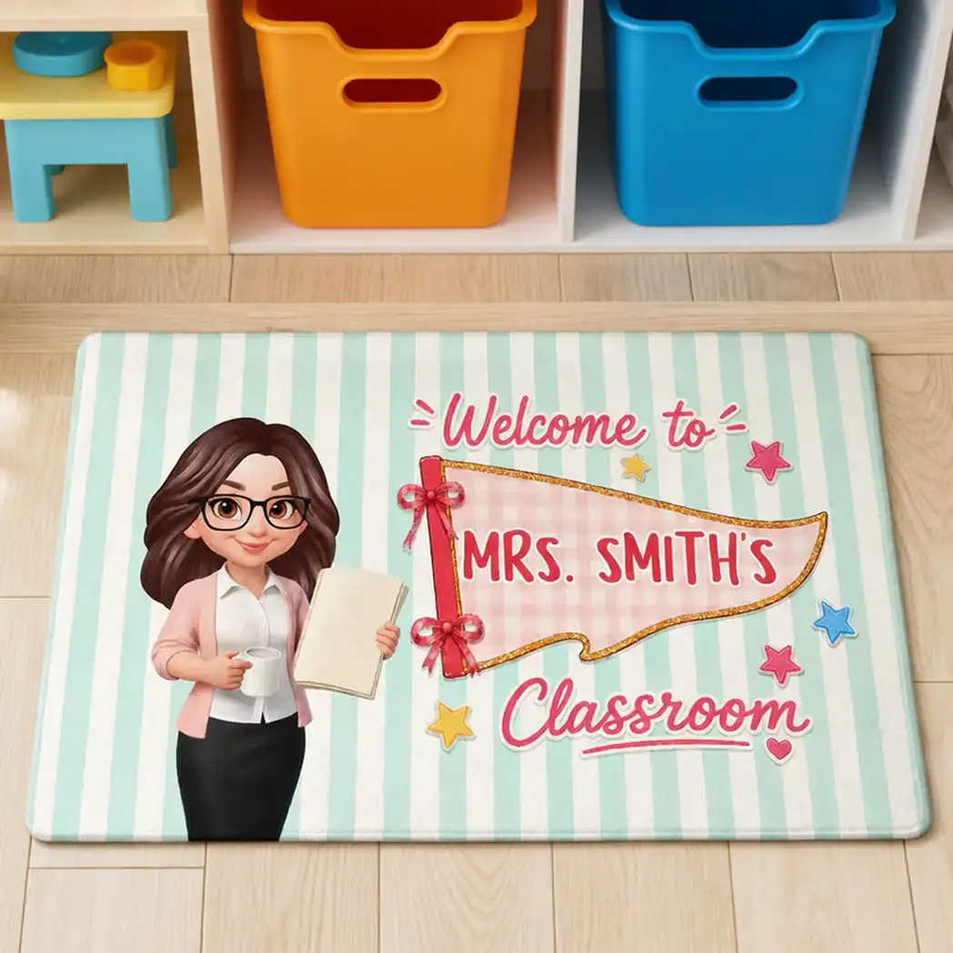 Personalized Standard Doormat, Cartoon Teacher & Pennant Classroom Welcome Mat, Unique Gift for Teacher