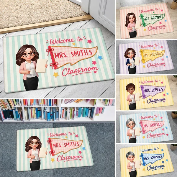 Personalized Standard Doormat, Cartoon Teacher & Pennant Classroom Welcome Mat, Unique Gift for Teacher - Image 2