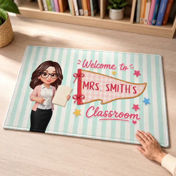 Personalized Standard Doormat, Cartoon Teacher & Pennant Classroom Welcome Mat, Unique Gift for Teacher - Image 4