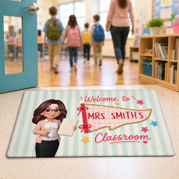 Personalized Standard Doormat, Cartoon Teacher & Pennant Classroom Welcome Mat, Unique Gift for Teacher - Image 6