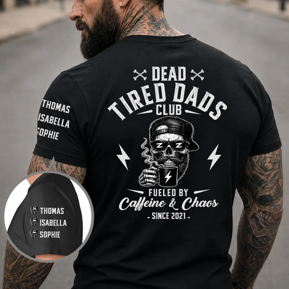Personalized Classic Tee for Dad, Dead Tired Dads Club Sleeve Design, Unique Creative Gift - Image 2