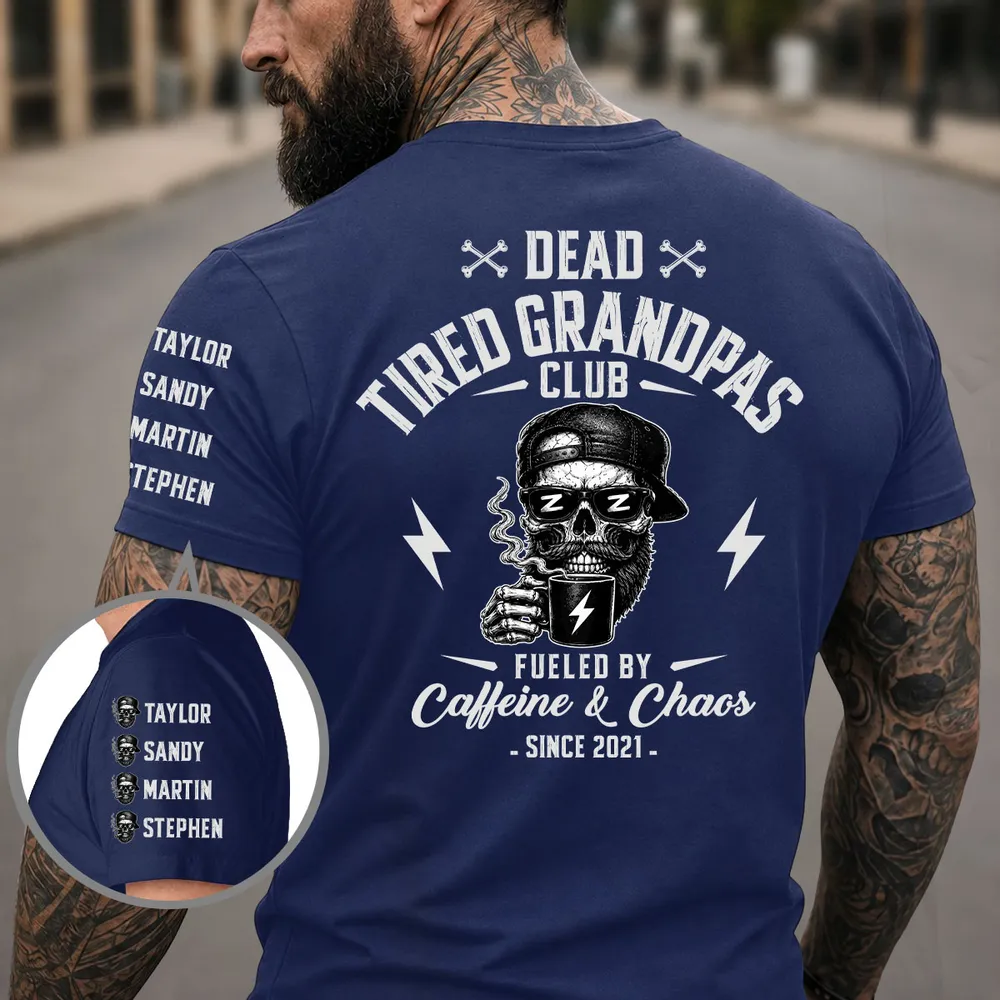 Personalized Classic Tee for Dad, Dead Tired Dads Club Sleeve Design, Unique Creative Gift - Image 5