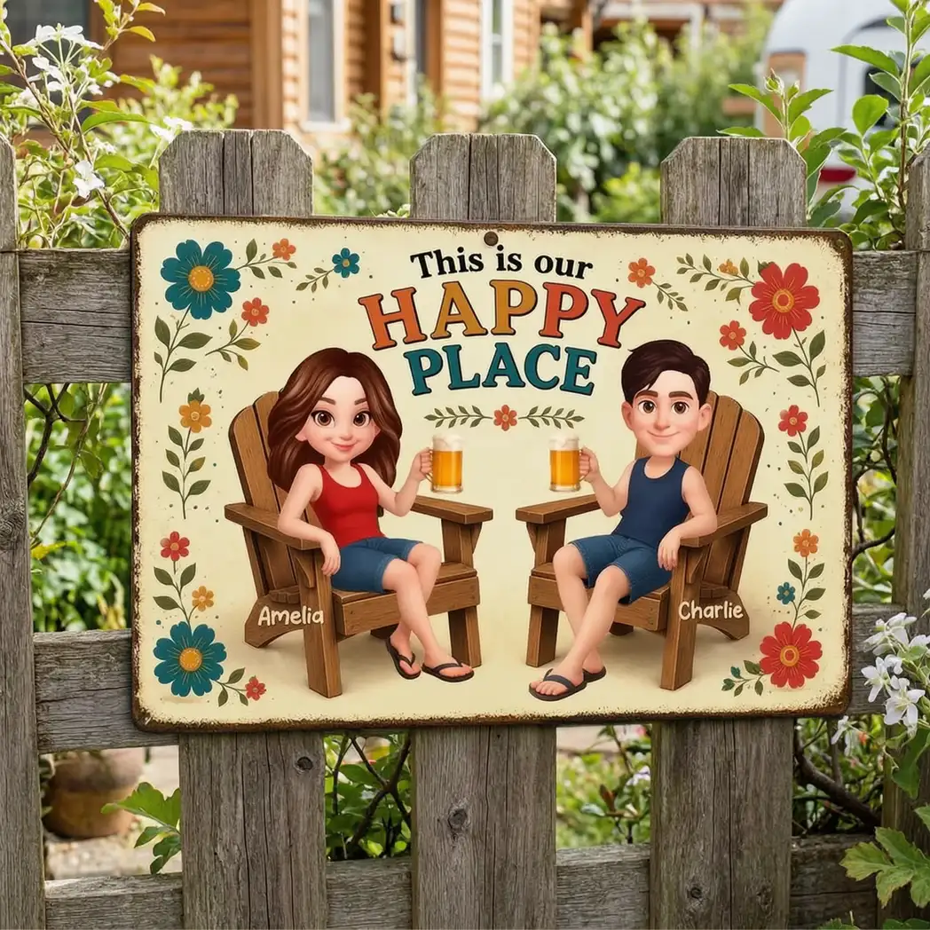 Personalized Rectangular Iron Sign, This Is Our Happy Place Couple With Drinks, Unique Creative Gift