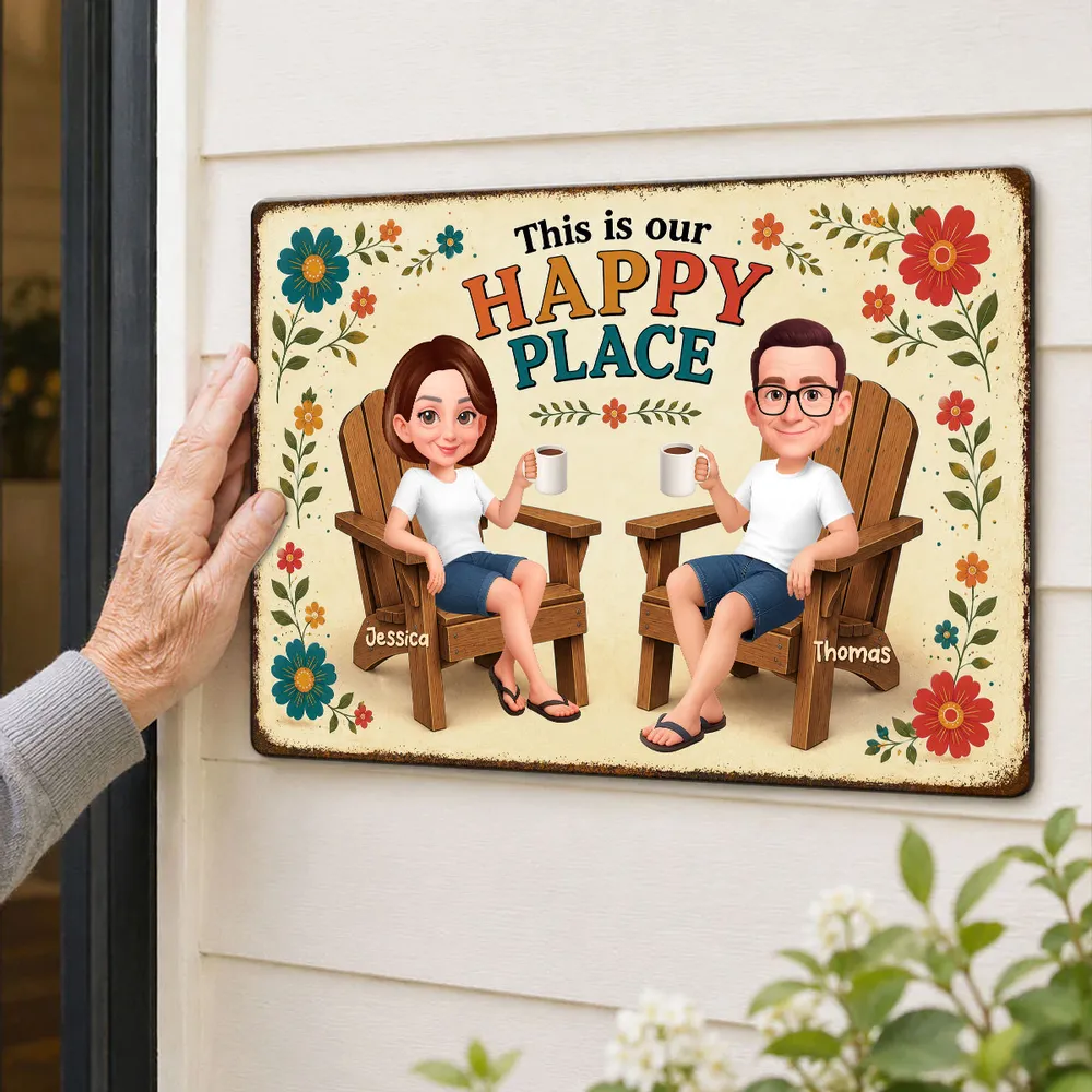 Personalized Rectangular Iron Sign, This Is Our Happy Place Couple With Drinks, Unique Creative Gift - Image 2