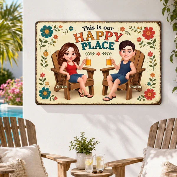 Personalized Rectangular Iron Sign, This Is Our Happy Place Couple With Drinks, Unique Creative Gift - Image 6