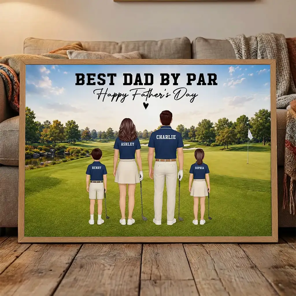 Personalized Golf Dad Poster, Standing Family on Golf Course, Unique Creative Gift for Father's Day