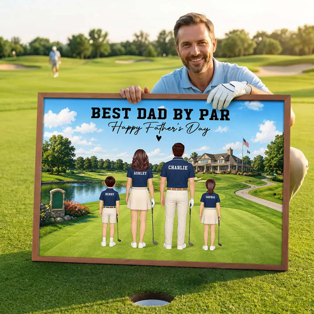 Personalized Golf Dad Poster, Standing Family on Golf Course, Unique Creative Gift for Father's Day - Image 2