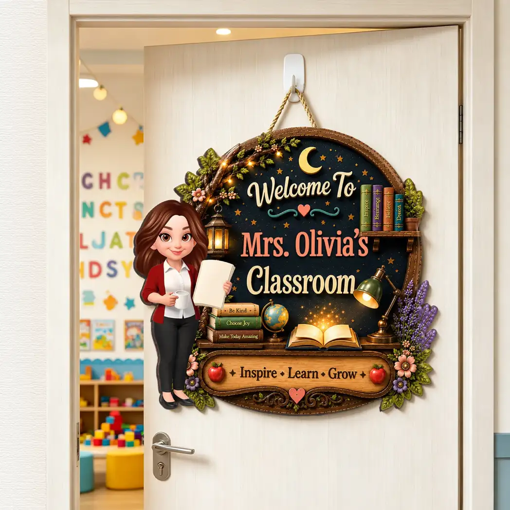 Personalized Wooden Sign with Cute Teacher Illustration, Inspire Learn Grow, Unique Creative Gift for Teacher
