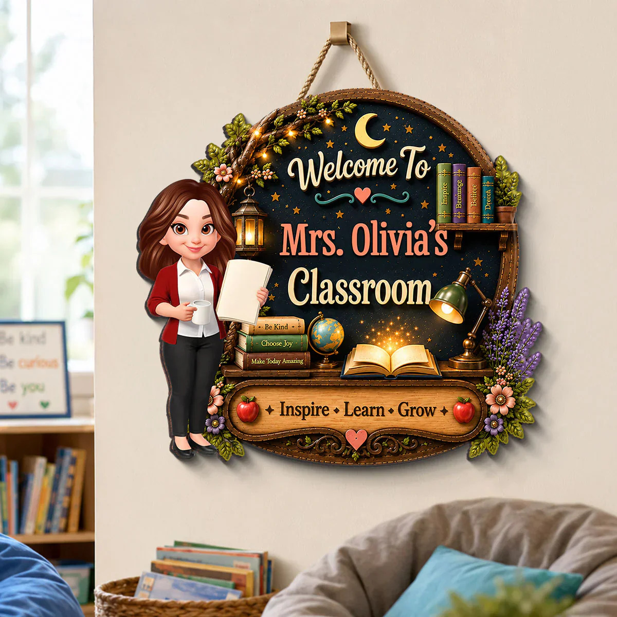 Personalized Wooden Sign with Cute Teacher Illustration, Inspire Learn Grow, Unique Creative Gift for Teacher - Image 2